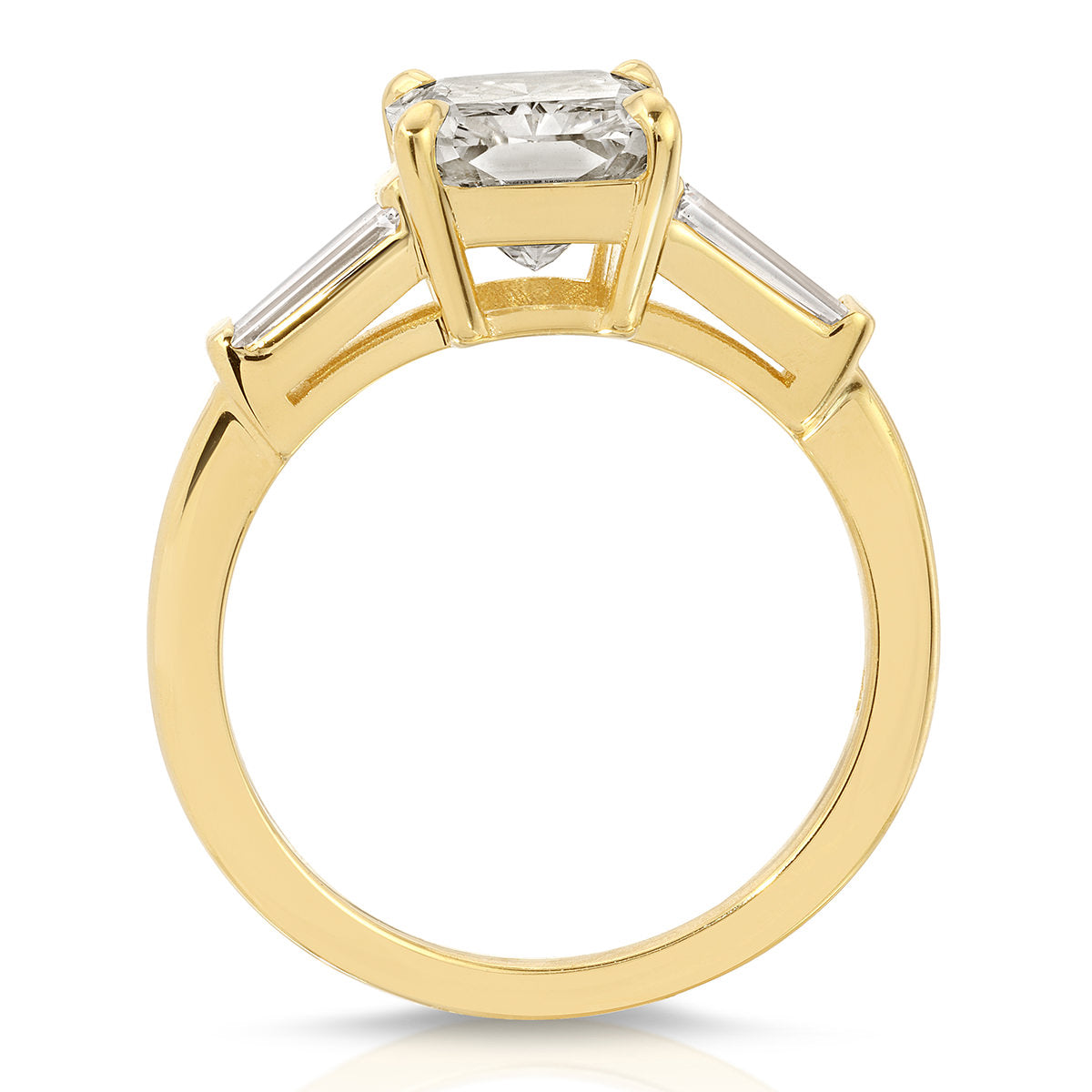 Baguette Three Stone Long Radiant Engagement Ring in Yellow Gold