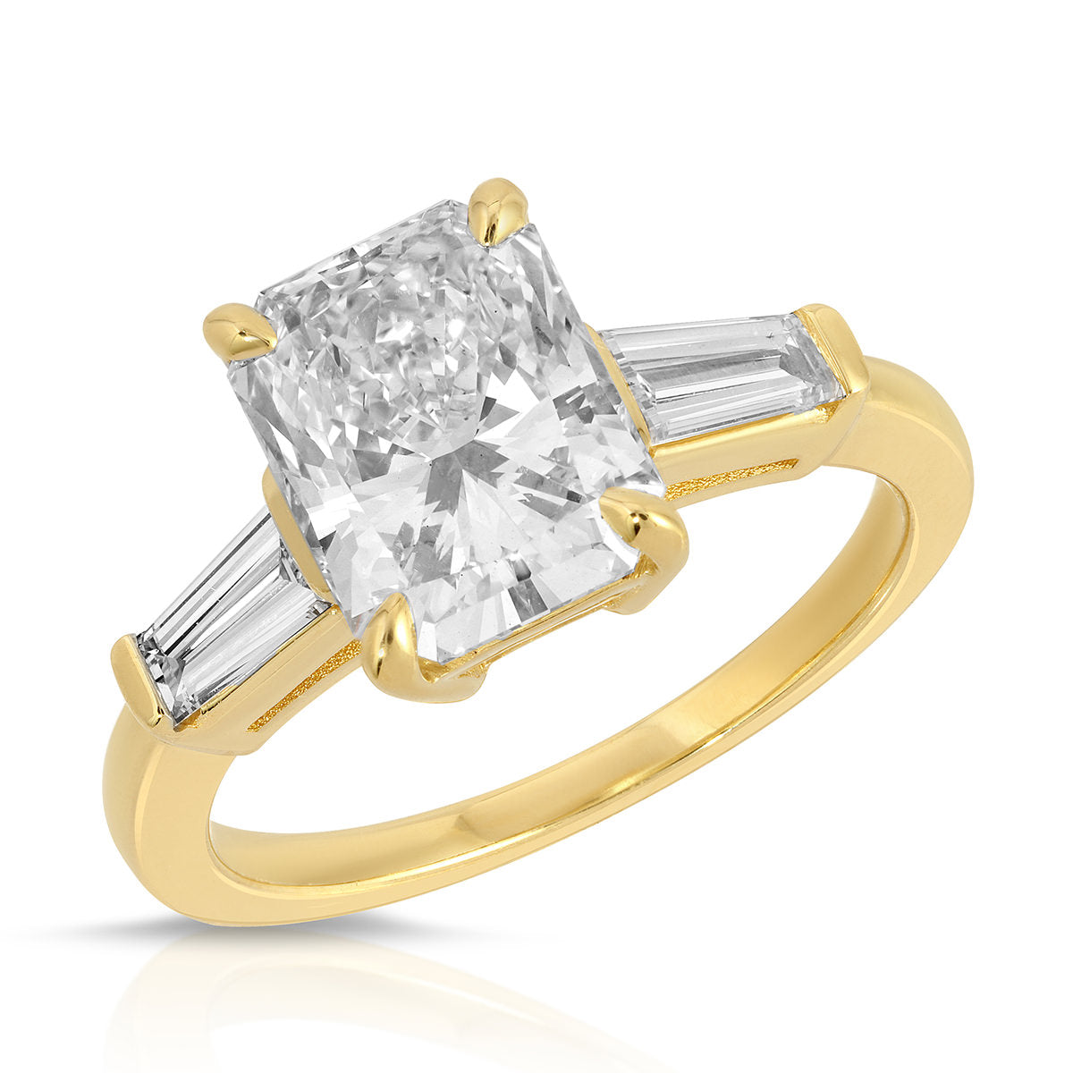 Baguette Three Stone Long Radiant Engagement Ring in Yellow Gold