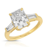 Baguette Three Stone Long Radiant Engagement Ring in Yellow Gold