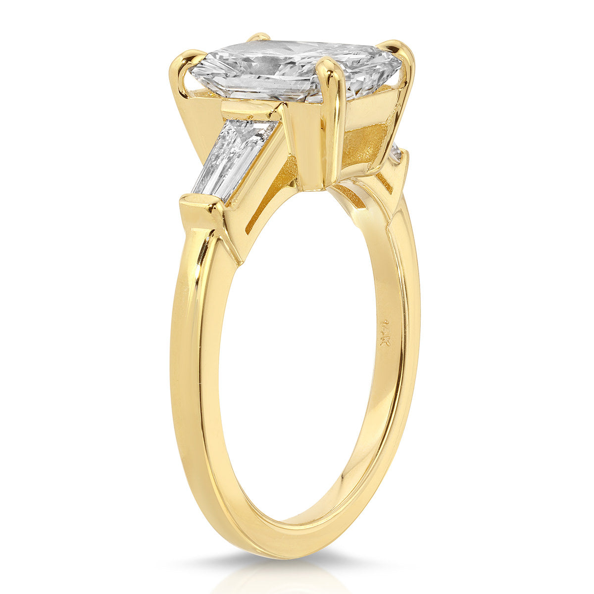 Baguette Three Stone Radiant Engagement Ring in Yellow Gold