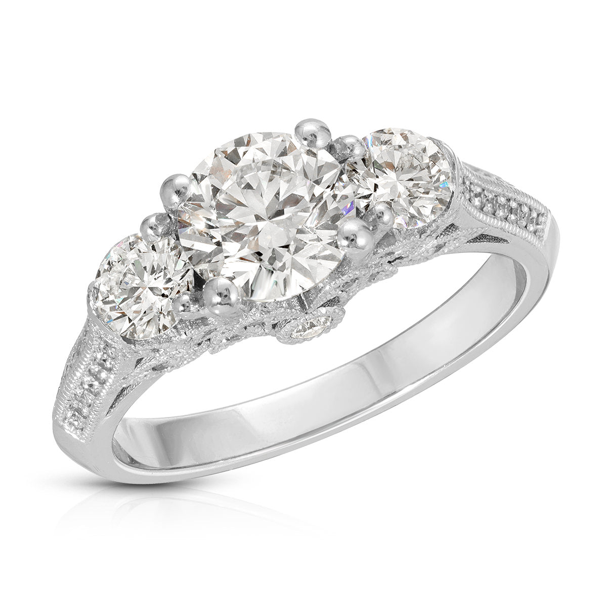 Hairloom Three Stone Round Engagement Ring in White Gold