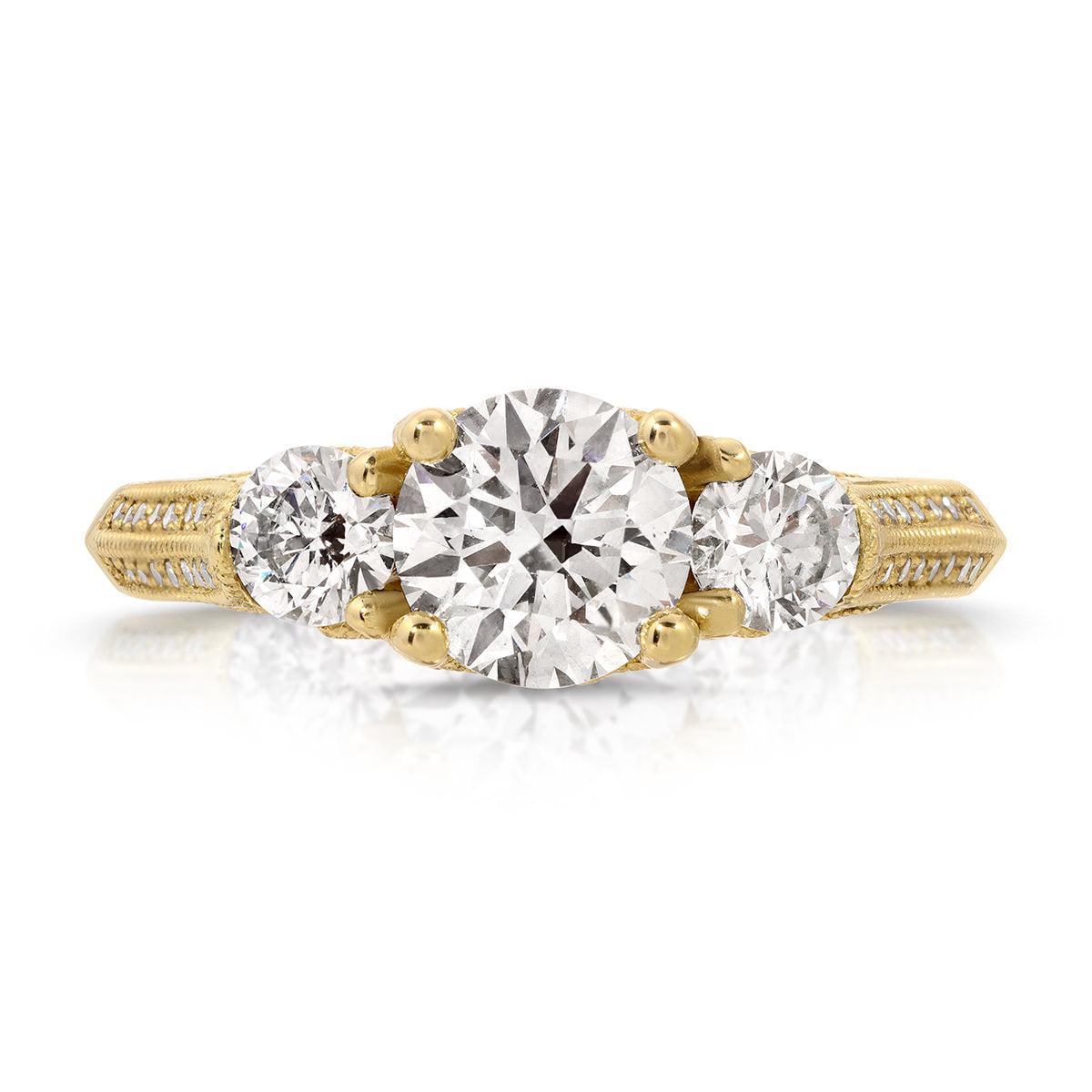 Heirloom Three Stone Round Engagement Ring in Yellow Gold