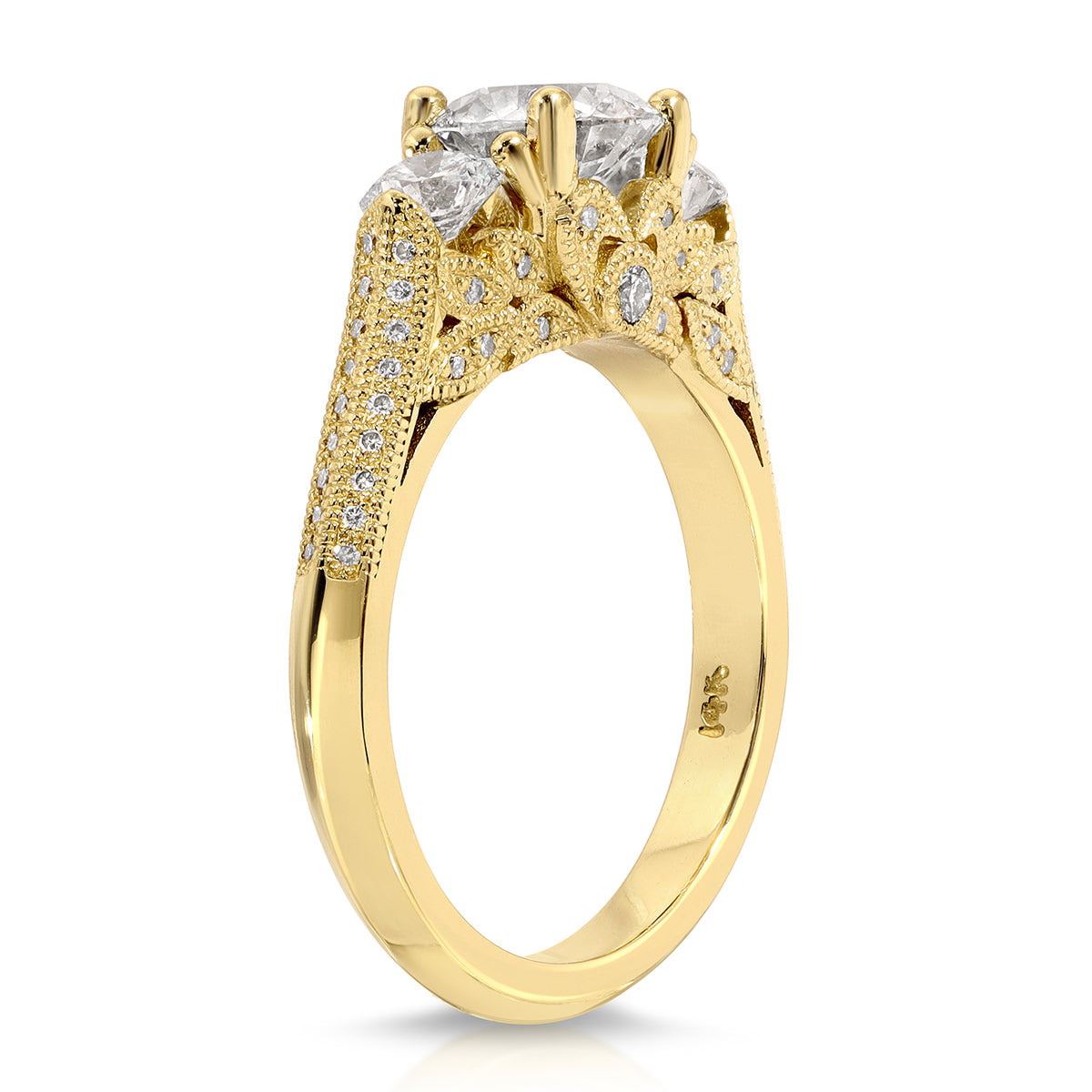 Heirloom Three Stone Round Engagement Ring in Yellow Gold