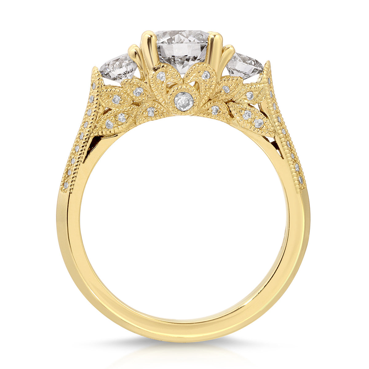 Heirloom Three Stone Round Engagement Ring in Yellow Gold