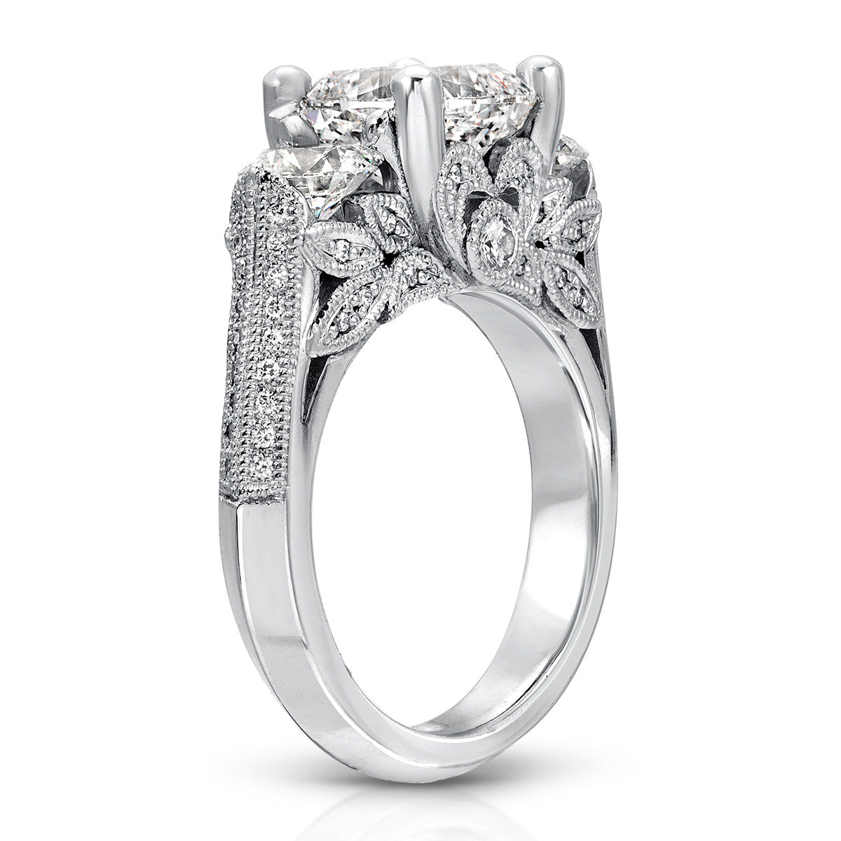 Heirloom Three Stone Cushion Engagement Ring in White Gold