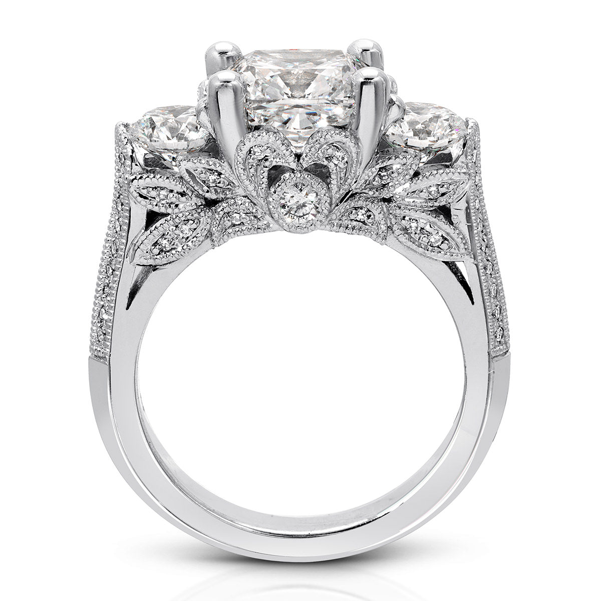 Heirloom Three Stone Cushion Engagement Ring in White Gold