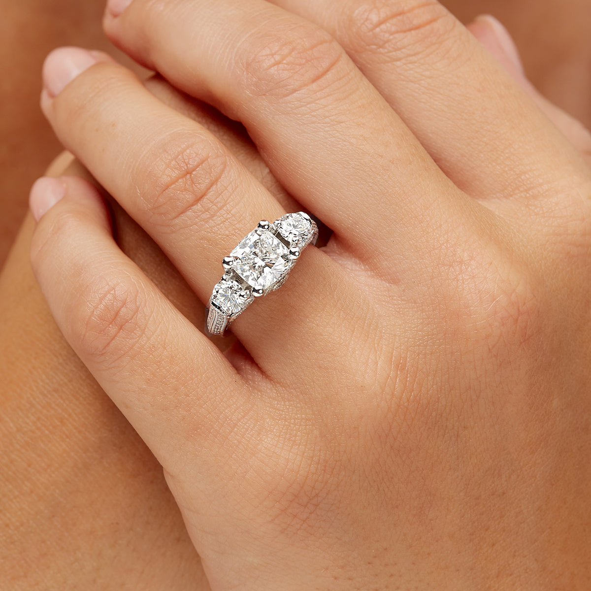 Heirloom Three Stone Cushion Engagement Ring in White Gold