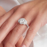 Halo Three Stone Oval Engagement Ring in White Gold