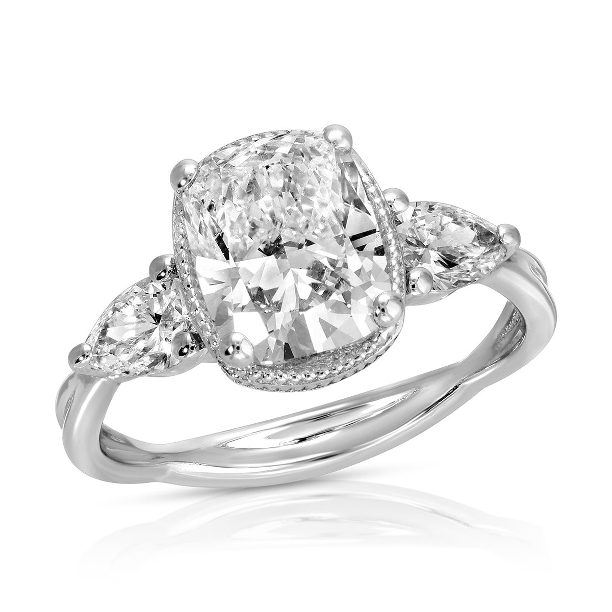 Milgrain Twisted Three Stone Cushion Engagement Ring in White Gold