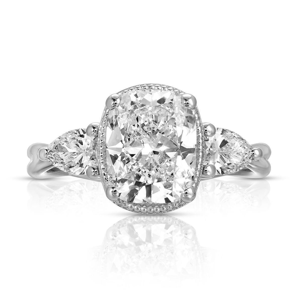 Milgrain Twisted Three Stone Long Cushion Engagement Ring in White Gold