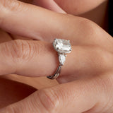 Milgrain Twisted Three Stone Long Cushion Engagement Ring in White Gold
