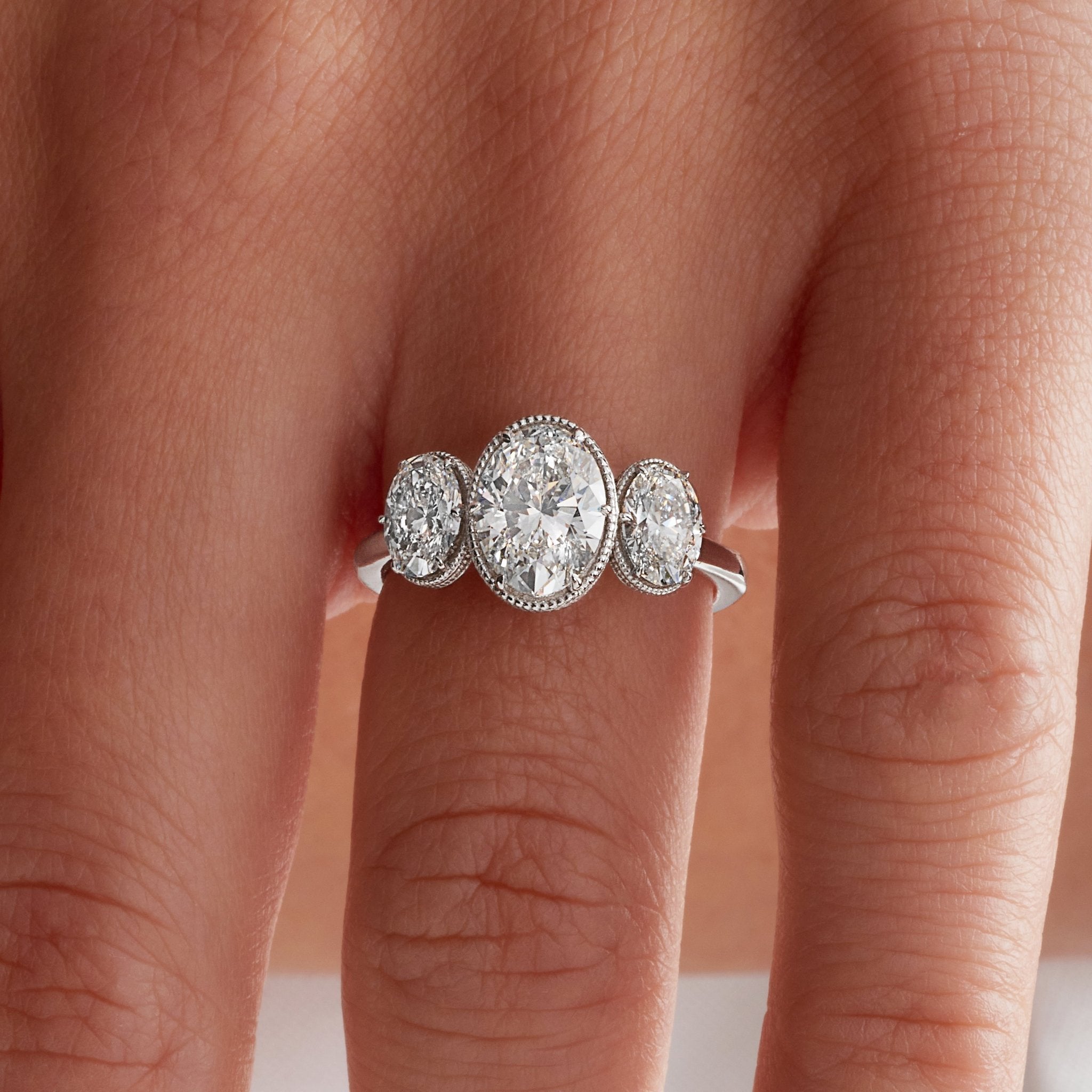 Venice Three Stone 1.73 ct Oval Engagement Ring in White Gold - The Better Diamonds
