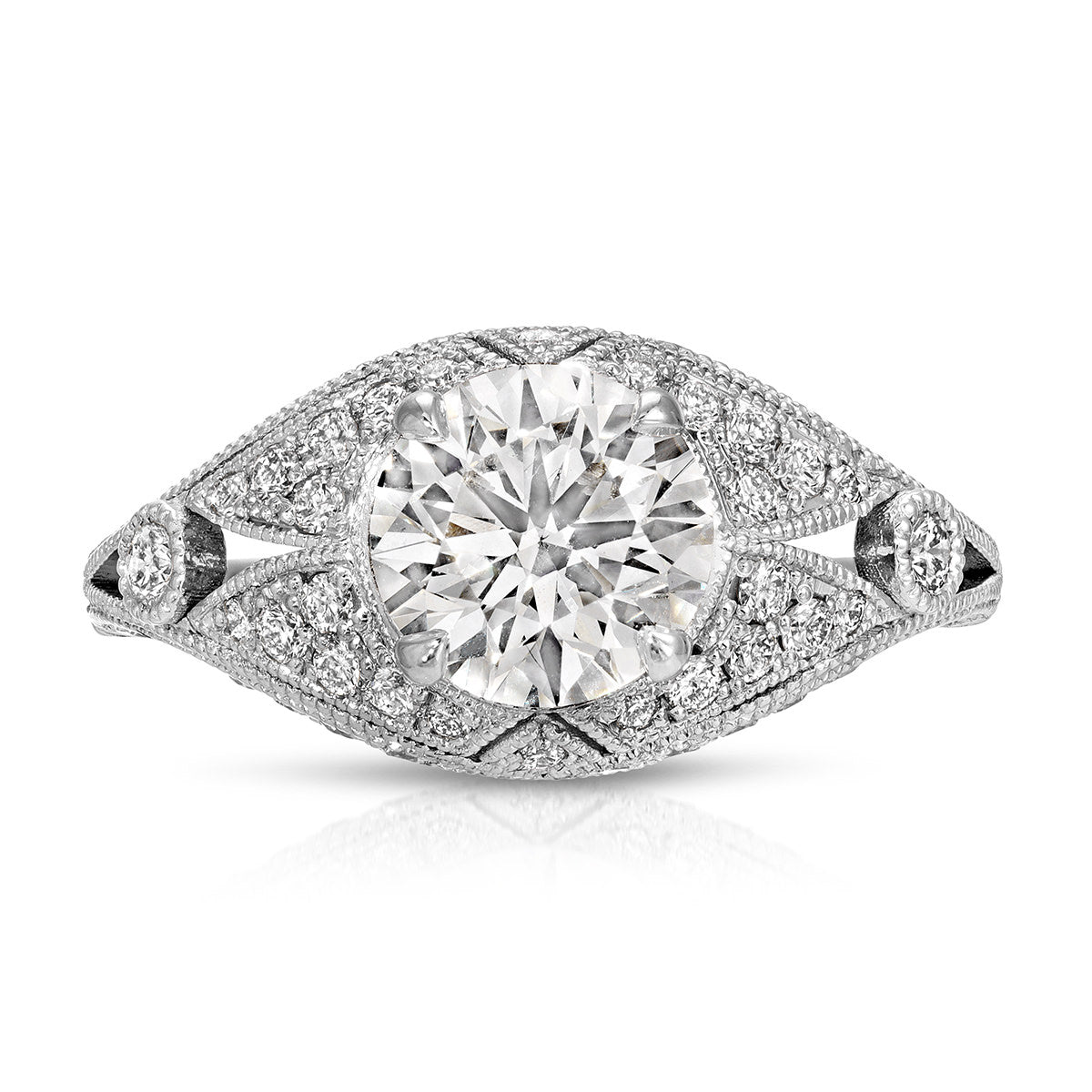 Dome Antique Vintage Style Round Engagement Ring in White Gold