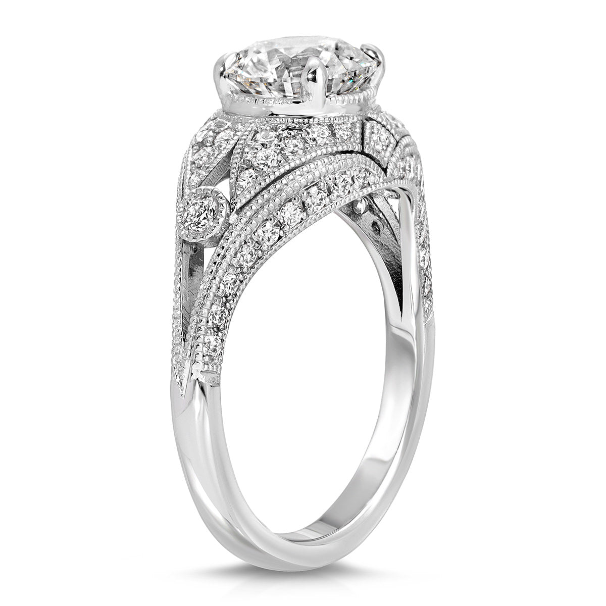 Dome Antique Vintage Style Round Engagement Ring in White Gold