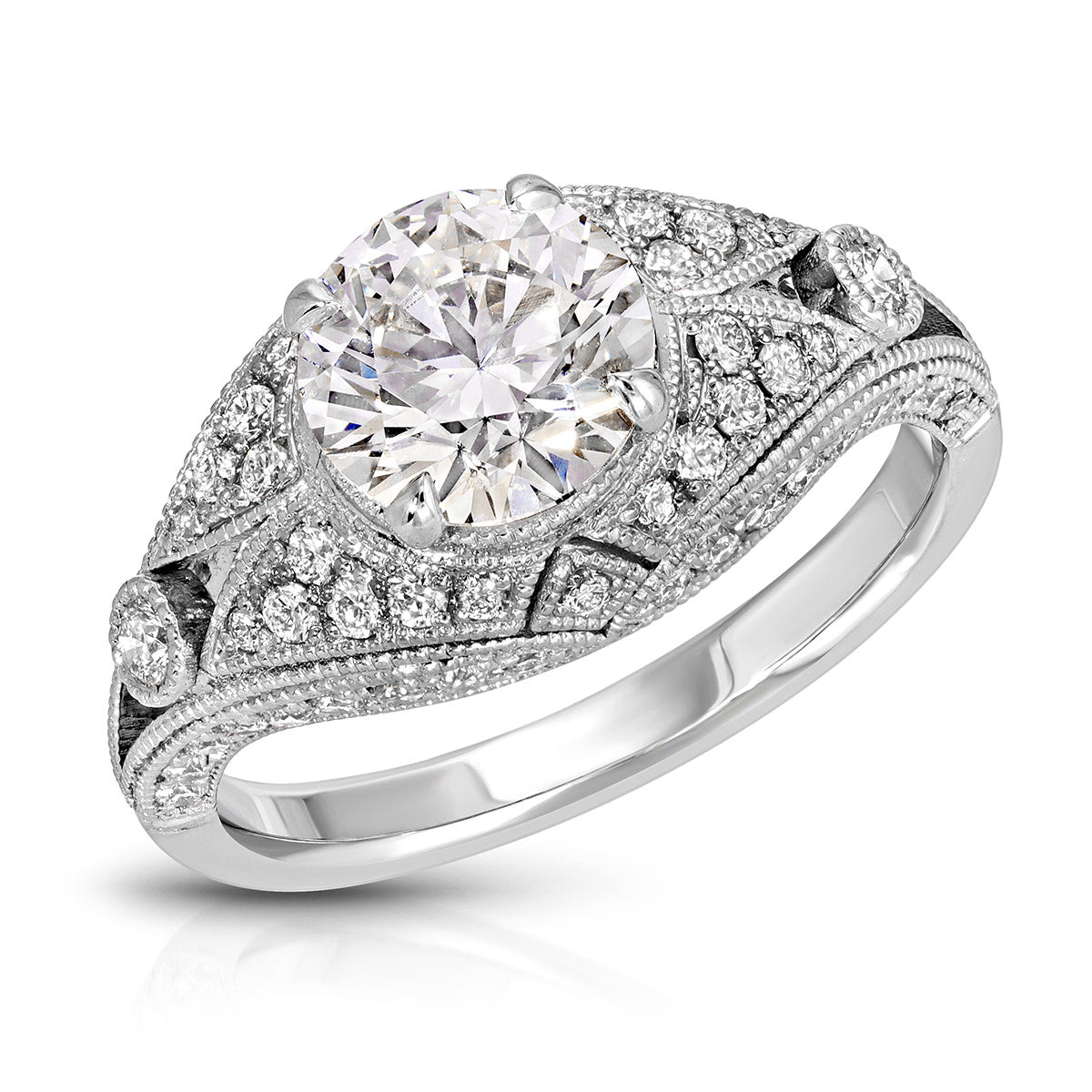 Dome Antique Vintage Style Round Engagement Ring in White Gold