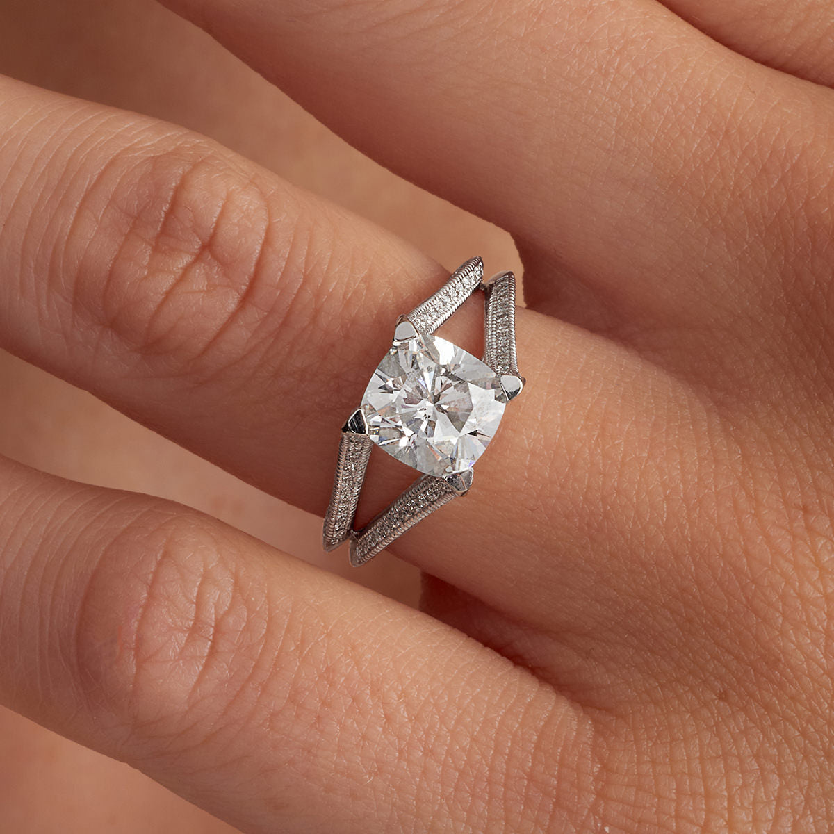 Split Shank Vintage Style Cushion Engagement Ring in White Gold