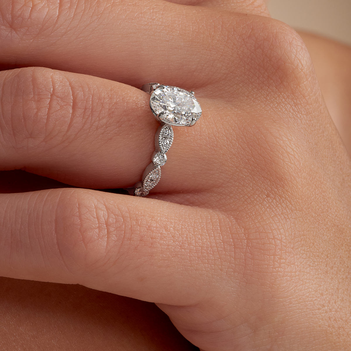 Timeless Vintage Style Oval Engagement Ring in White Gold