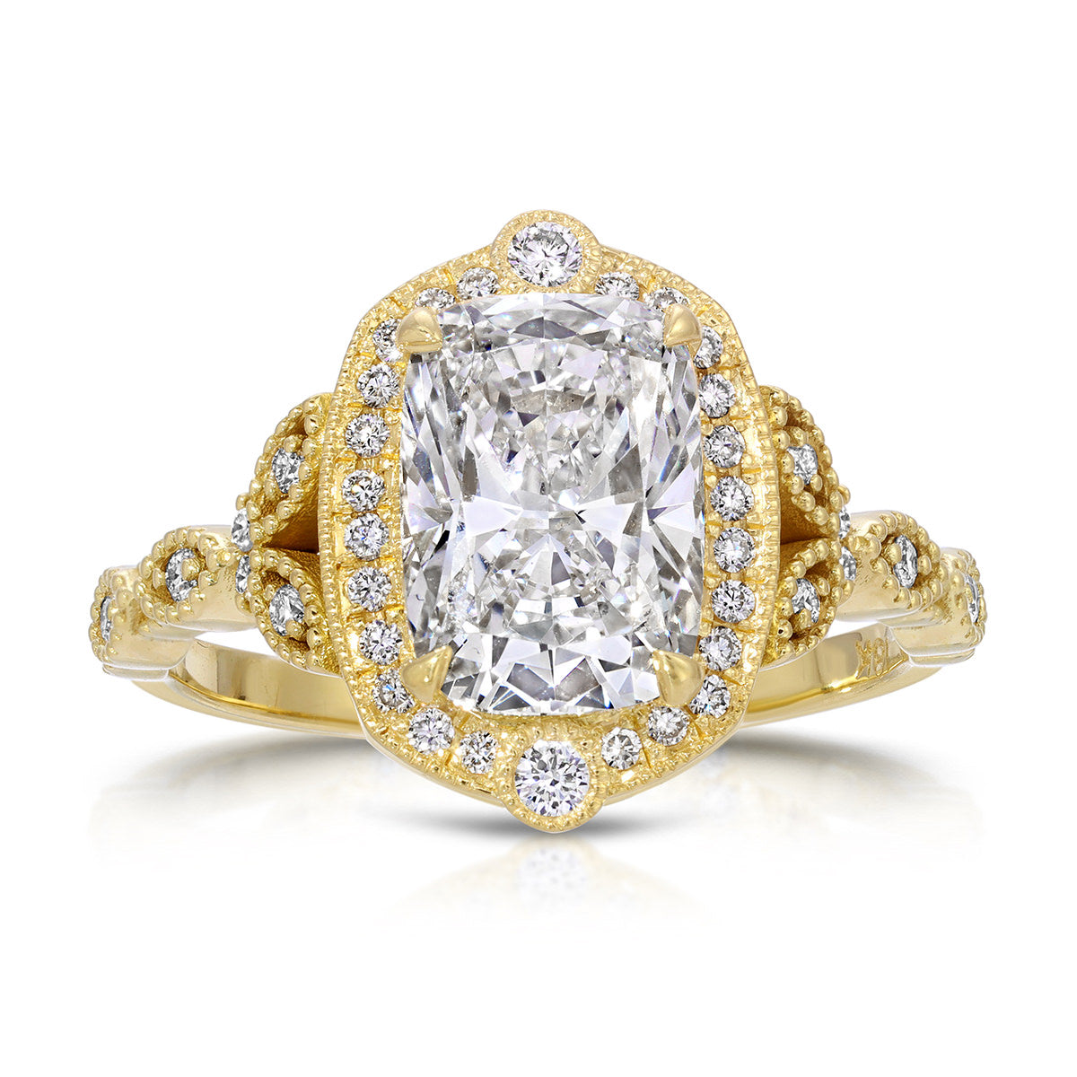 Halo Vintage Style Cushion Engagement Ring in Yellow Gold