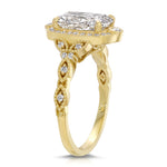 Halo Vintage Style Long Cushion Engagement Ring in Yellow Gold