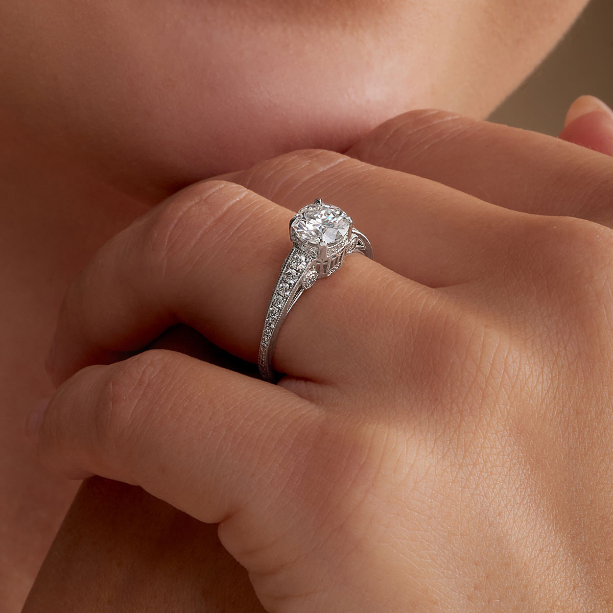Romantic Vintage Style Round Engagement Ring in White Gold