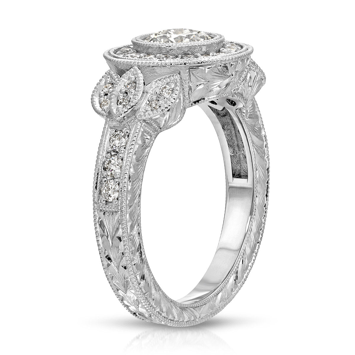 Rose Vintage Style Round Engagement Ring in White Gold