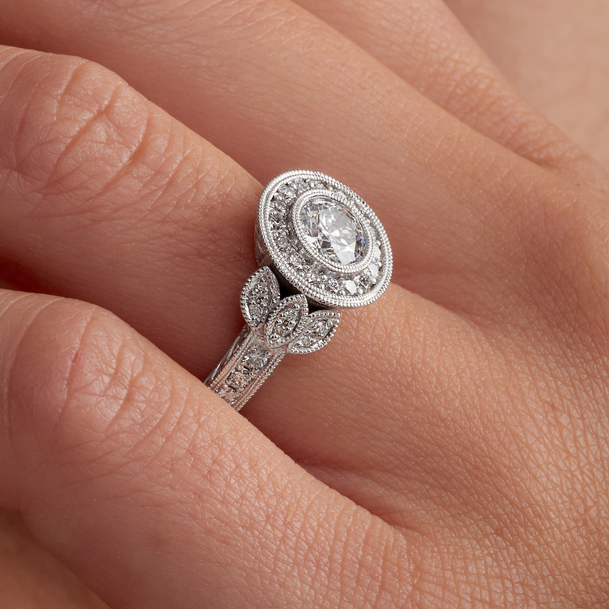 Rose Vintage Style Round Engagement Ring in White Gold